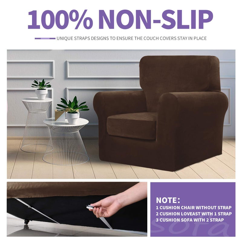 ZNSAYOTX Luxury Velvet Chair Slipcovers with Arms 2 Piece Stretch Chair Covers for Living Room Thick Soft Armchair Slipcover Anti Slip Pet Friendly Furniture Protector (Dark Coffee),30"-47"(1 Cushion) - Image 5